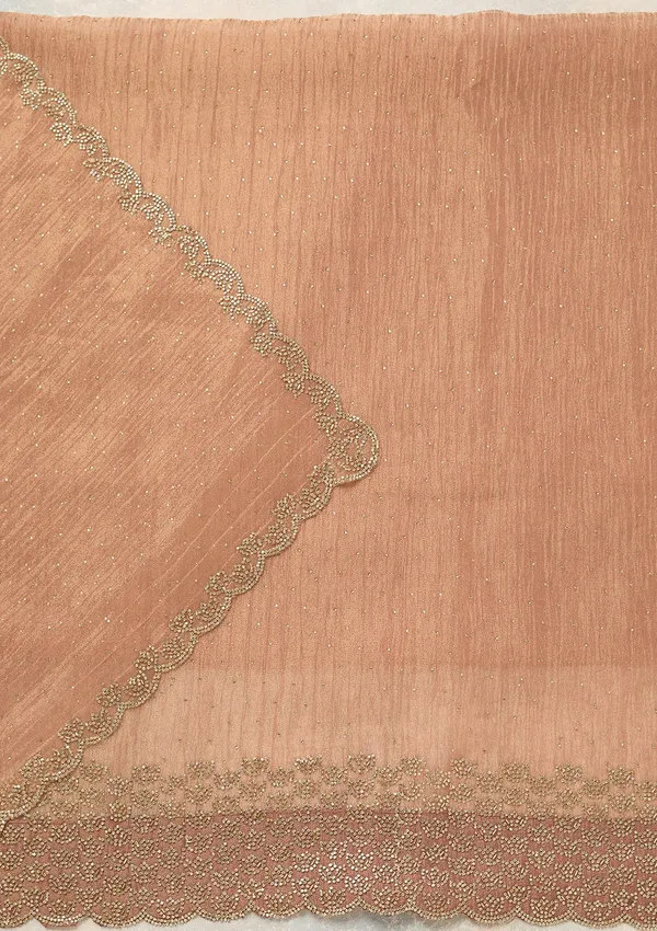 Peach_Tissue_Gold_Stonework_Unstitched_Dress_Material_With_Matching_Bottom_And_Dupatta