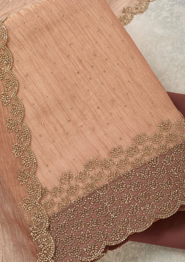 Peach_Tissue_Gold_Stonework_Unstitched_Dress_Material_With_Matching_Bottom_And_Dupatta