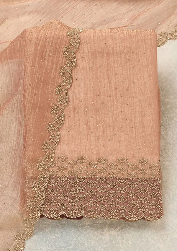 Peach_Tissue_Gold_Stonework_Unstitched_Dress_Material_With_Matching_Bottom_And_Dupatta