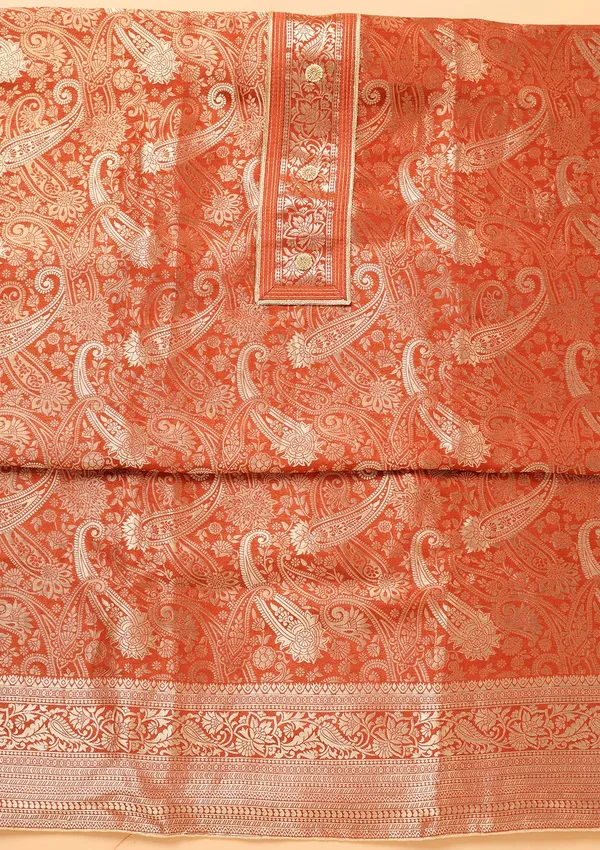Rust_Dola_Silk_Gold_Zariwork_Unstitched_Dress_Material_With_Matching_Bottom_And_Dupatta
