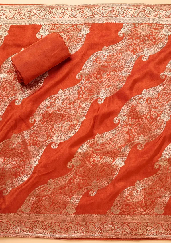 Rust_Dola_Silk_Gold_Zariwork_Unstitched_Dress_Material_With_Matching_Bottom_And_Dupatta