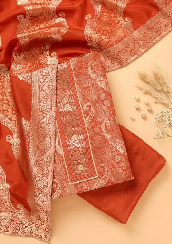 Rust_Dola_Silk_Gold_Zariwork_Unstitched_Dress_Material_With_Matching_Bottom_And_Dupatta
