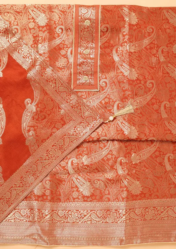 Rust_Dola_Silk_Gold_Zariwork_Unstitched_Dress_Material_With_Matching_Bottom_And_Dupatta