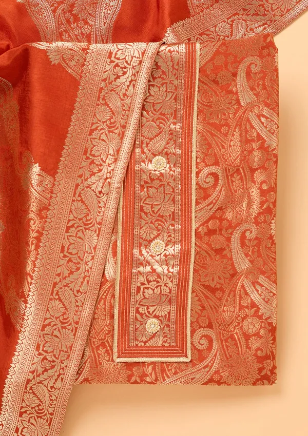 Rust_Dola_Silk_Gold_Zariwork_Unstitched_Dress_Material_With_Matching_Bottom_And_Dupatta
