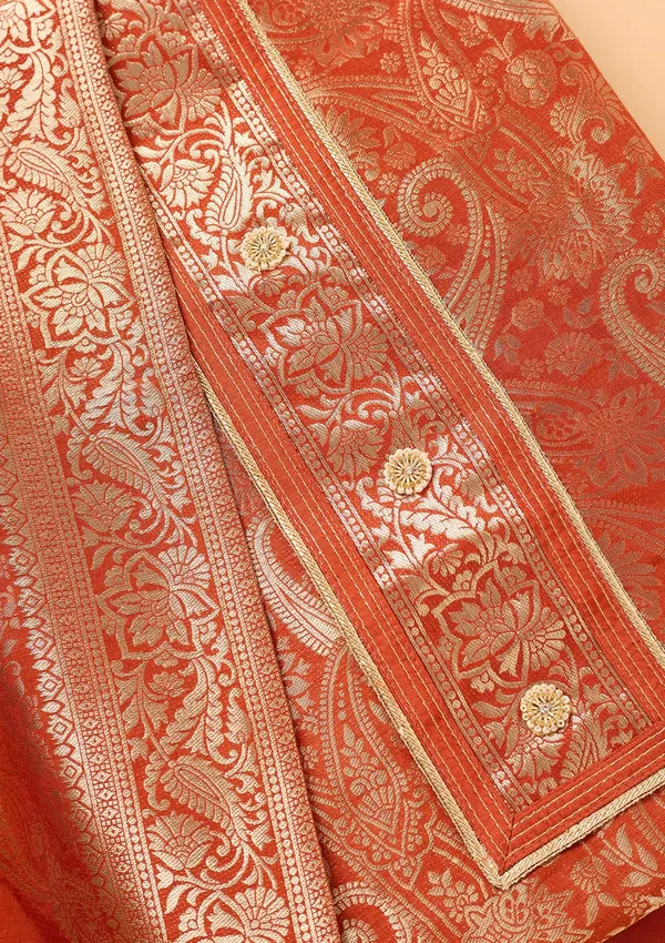 Rust_Dola_Silk_Gold_Zariwork_Unstitched_Dress_Material_With_Matching_Bottom_And_Dupatta