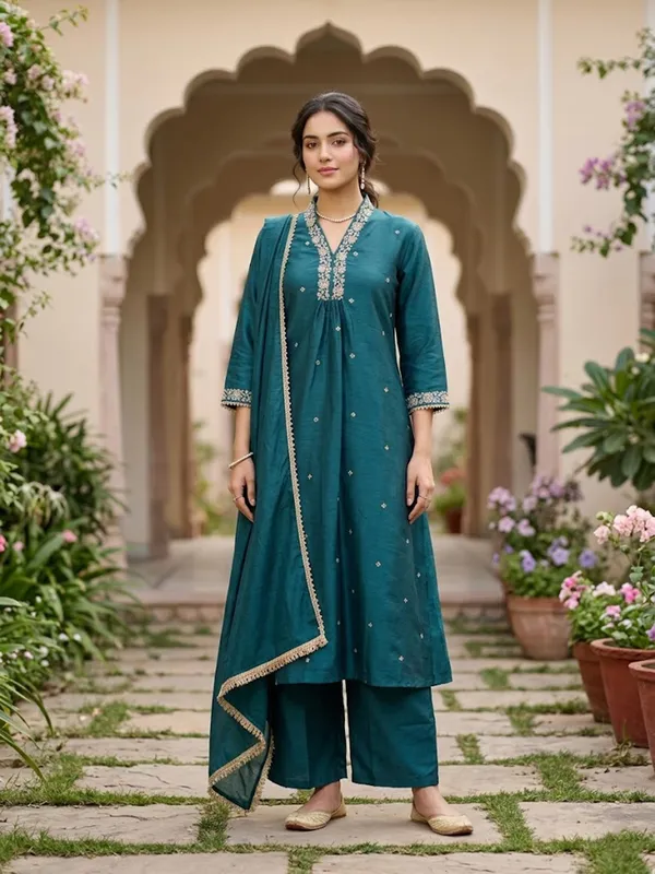 Peacock_Blue_Art_Silk_Cording_A_Line_Kurta_With_Pant_Regular_And_Dupatta