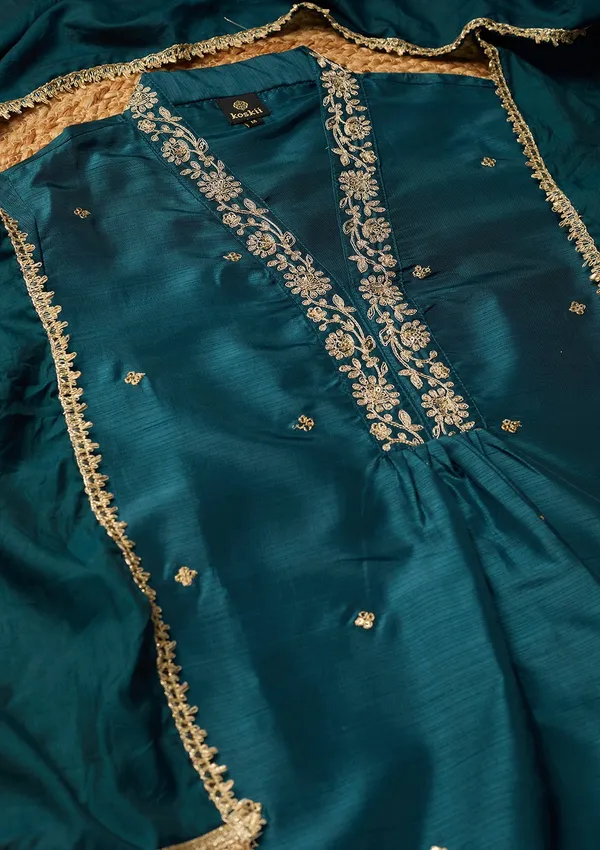 Peacock_Blue_Art_Silk_Cording_A_Line_Kurta_With_Pant_Regular_And_Dupatta