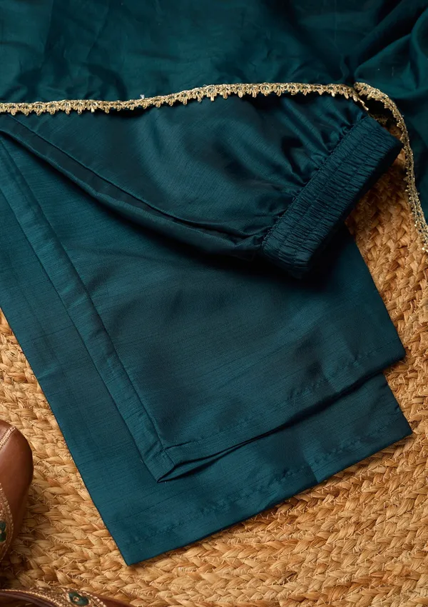 Peacock_Blue_Art_Silk_Cording_A_Line_Kurta_With_Pant_Regular_And_Dupatta