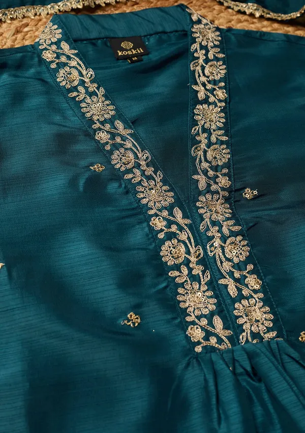 Peacock_Blue_Art_Silk_Cording_A_Line_Kurta_With_Pant_Regular_And_Dupatta