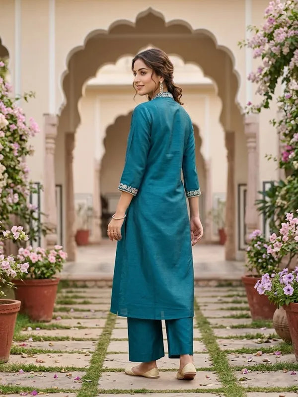 Peacock_Blue_Art_Silk_Cording_A_Line_Kurta_With_Pant_Regular_And_Dupatta