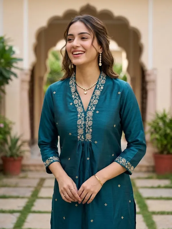 Peacock_Blue_Art_Silk_Cording_A_Line_Kurta_With_Pant_Regular_And_Dupatta