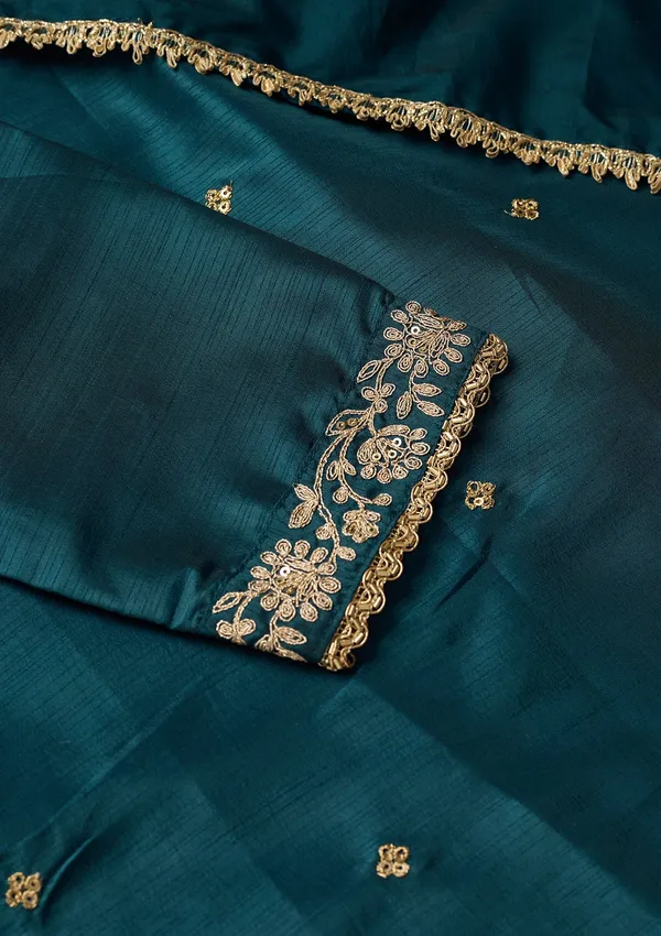 Peacock_Blue_Art_Silk_Cording_A_Line_Kurta_With_Pant_Regular_And_Dupatta