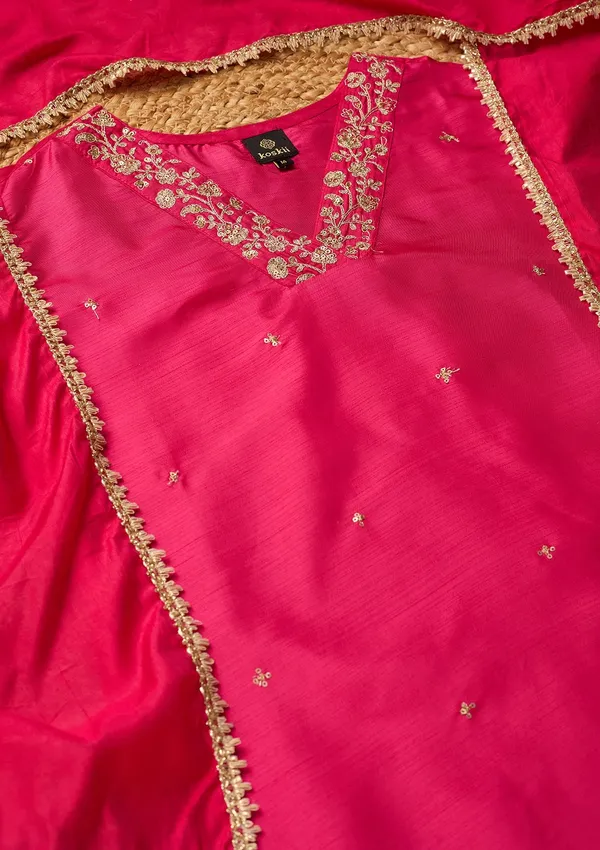 Magenta_Pink_Art_Silk_Cording_Straight_Kurta_With_Regular_Pant_And_Dupatta