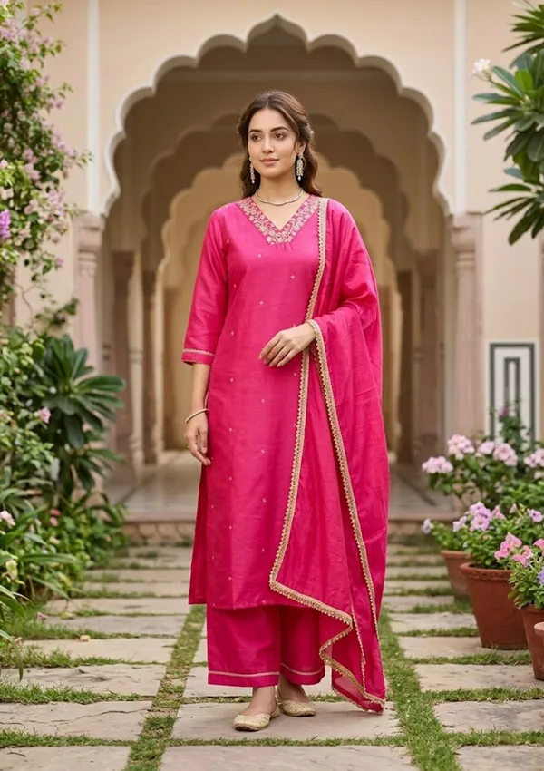 Magenta_Pink_Art_Silk_Cording_Straight_Kurta_With_Regular_Pant_And_Dupatta