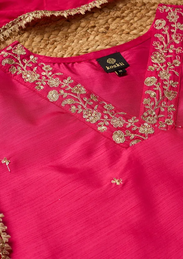 Magenta_Pink_Art_Silk_Cording_Straight_Kurta_With_Regular_Pant_And_Dupatta