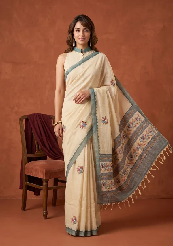 Beige_Chanderi_Threadwork_Saree_With_Matching_Blouse_Piece