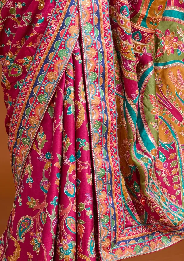 Magenta_Pink_Satin_Sequins_Saree_With_Matching_Blouse_Piece