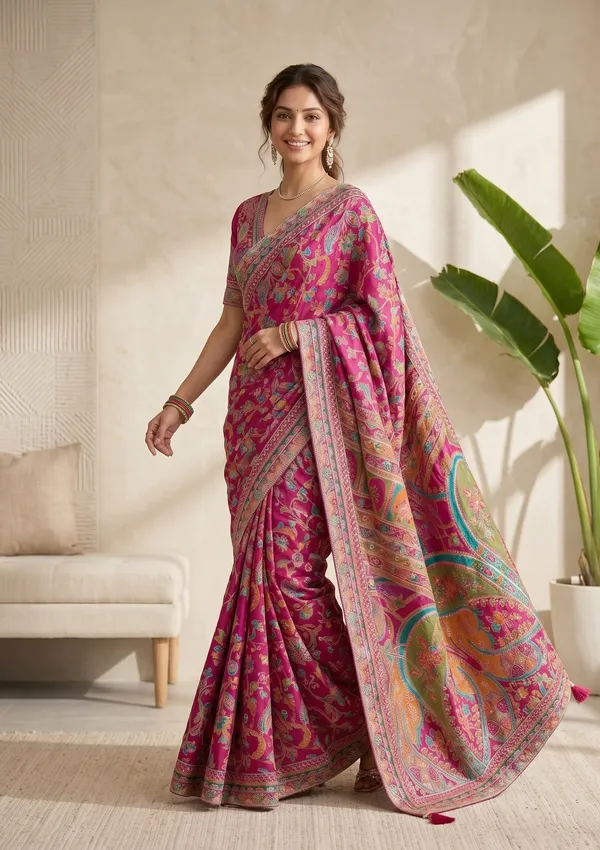Magenta_Pink_Satin_Sequins_Saree_With_Matching_Blouse_Piece