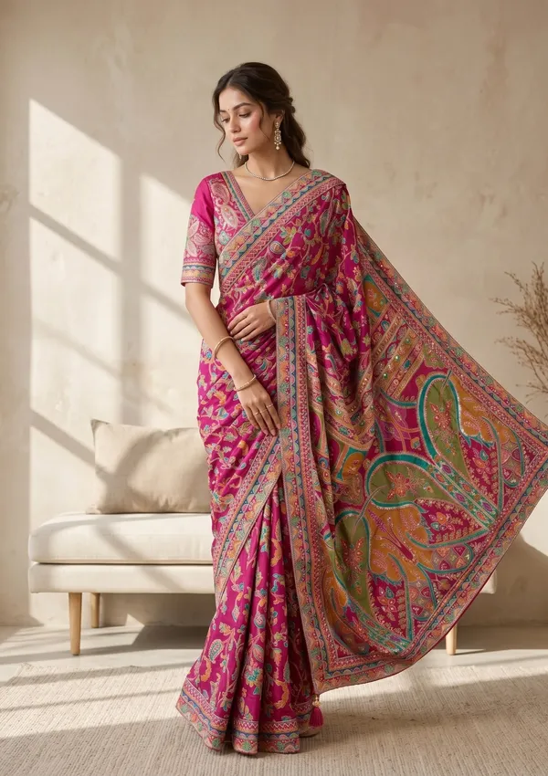 Magenta_Pink_Satin_Sequins_Saree_With_Matching_Blouse_Piece
