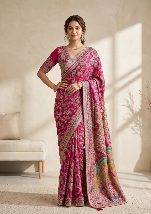 Magenta_Pink_Satin_Sequins_Saree_With_Matching_Blouse_Piece