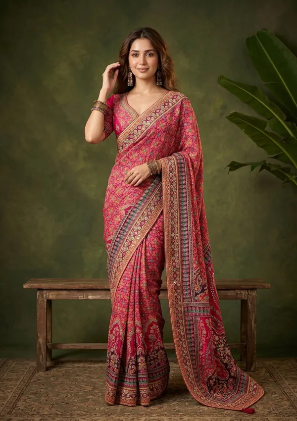 Pink_Satin_Sequins_Saree_With_Matching_Blouse_Piece