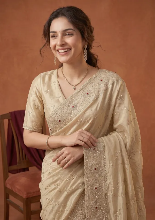 Beige_Tissue_Sequins_Saree_With_Matching_Blouse_Piece