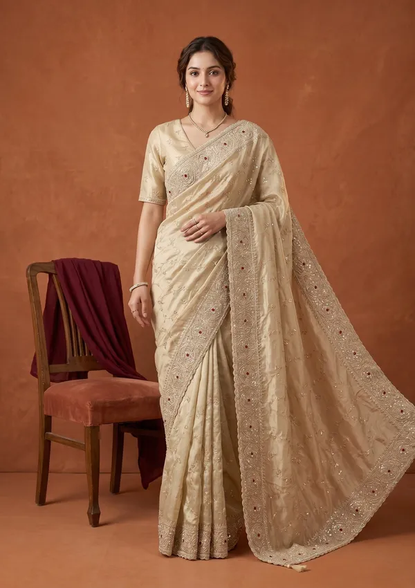 Beige_Tissue_Sequins_Saree_With_Matching_Blouse_Piece