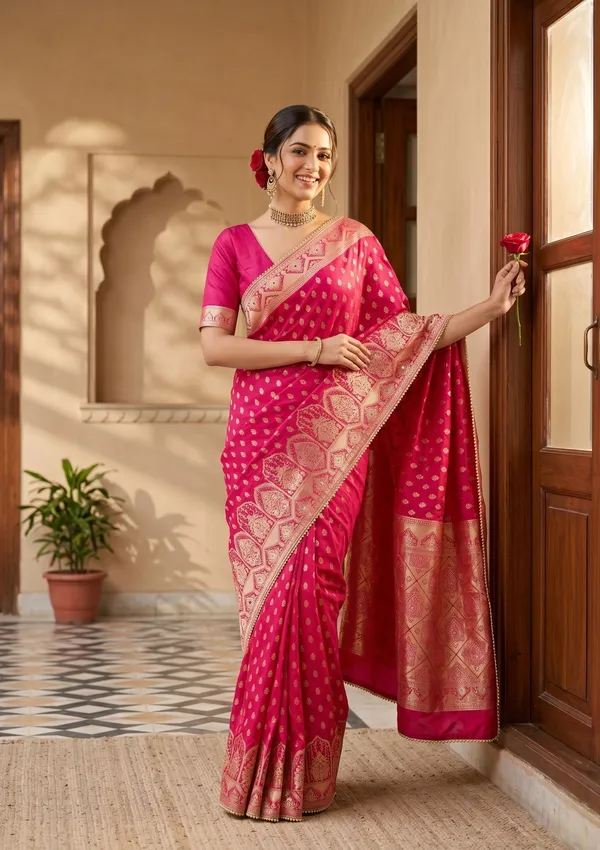 Rani_Pink_Silk_Buti_Gold_Stonework_Saree_With_Matching_Blouse_Piece