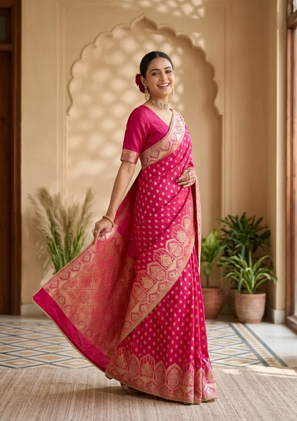 Rani_Pink_Silk_Buti_Gold_Stonework_Saree_With_Matching_Blouse_Piece