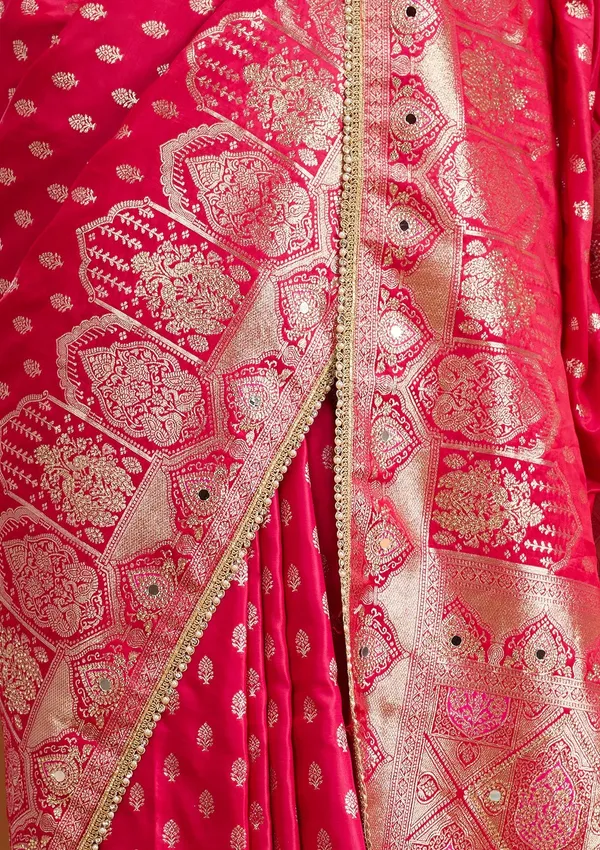 Rani_Pink_Silk_Buti_Gold_Stonework_Saree_With_Matching_Blouse_Piece