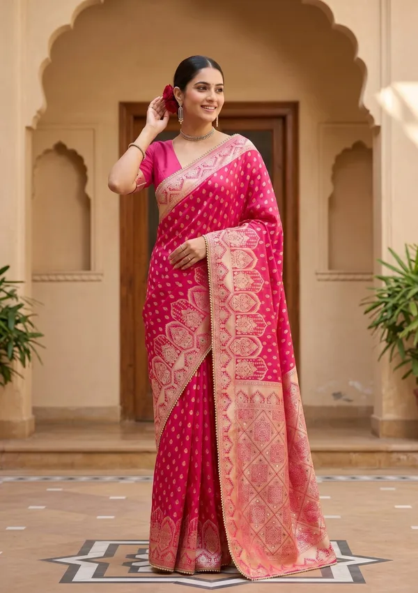 Rani_Pink_Silk_Buti_Gold_Stonework_Saree_With_Matching_Blouse_Piece