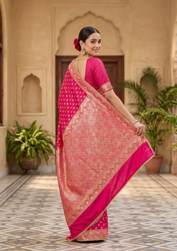 Rani_Pink_Silk_Buti_Gold_Stonework_Saree_With_Matching_Blouse_Piece