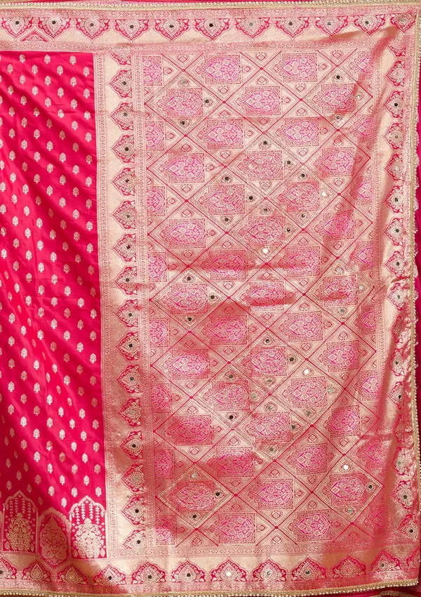 Rani_Pink_Silk_Buti_Gold_Stonework_Saree_With_Matching_Blouse_Piece