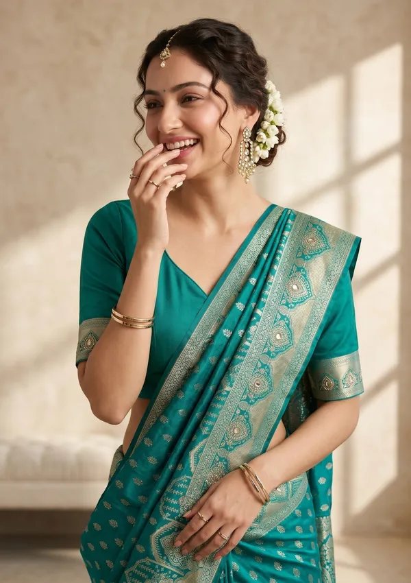 Rama_Green_Silk_Buti_Gold_Stonework_Saree_With_Matching_Blouse_Piece