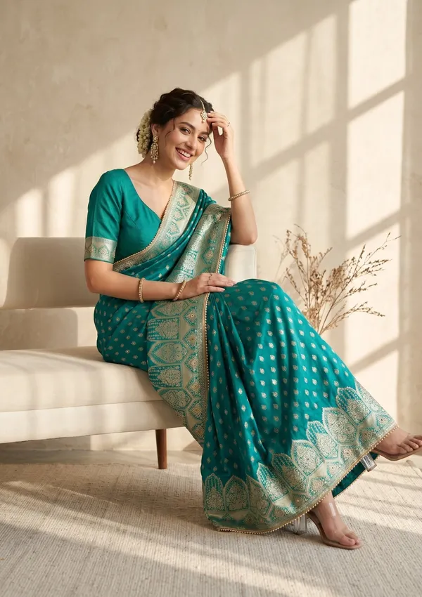 Rama_Green_Silk_Buti_Gold_Stonework_Saree_With_Matching_Blouse_Piece