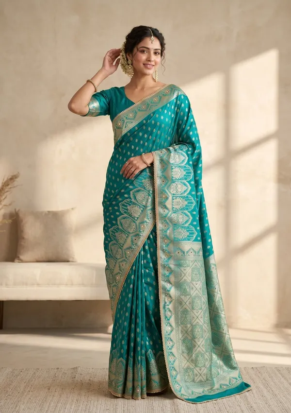 Rama_Green_Silk_Buti_Gold_Stonework_Saree_With_Matching_Blouse_Piece