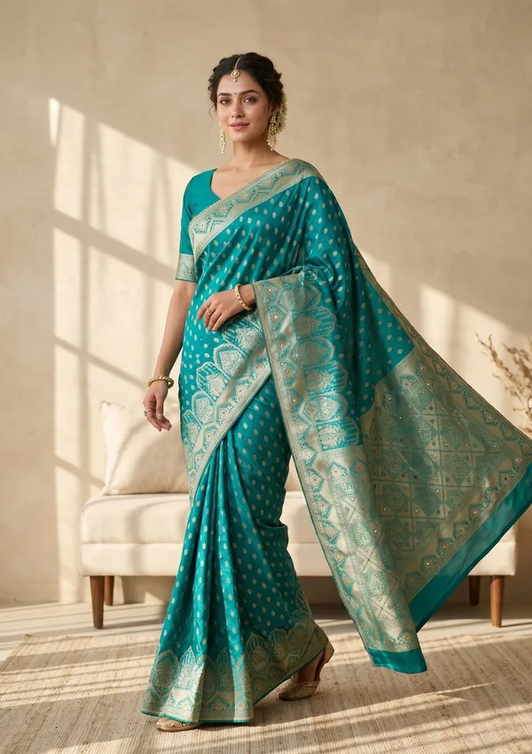 Rama_Green_Silk_Buti_Gold_Stonework_Saree_With_Matching_Blouse_Piece