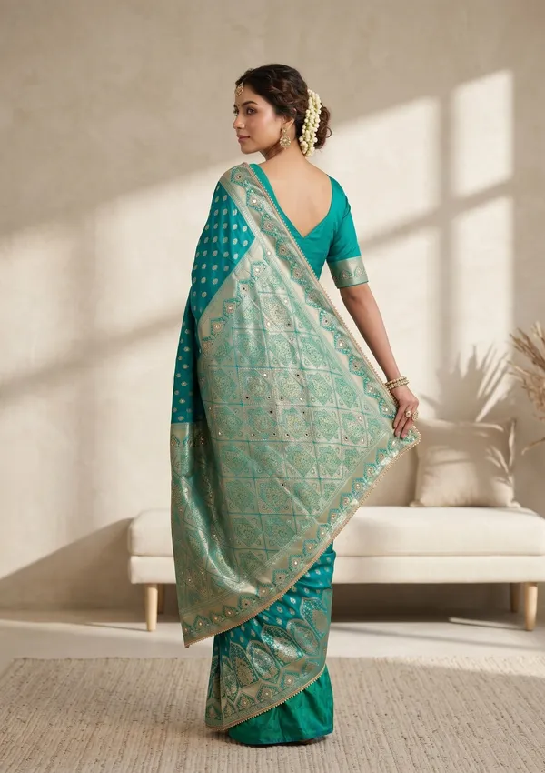 Rama_Green_Silk_Buti_Gold_Stonework_Saree_With_Matching_Blouse_Piece