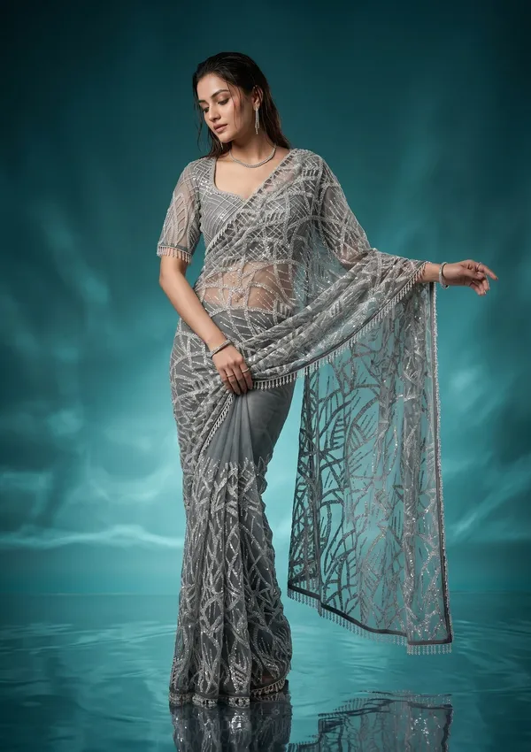 Grey_Net_Sequins_Saree_With_Matching_Blouse_Piece
