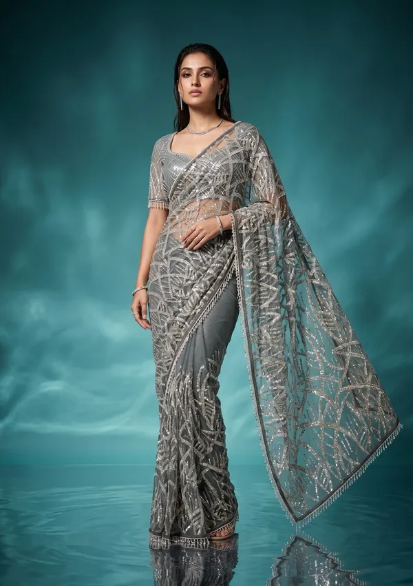 Grey_Net_Sequins_Saree_With_Matching_Blouse_Piece