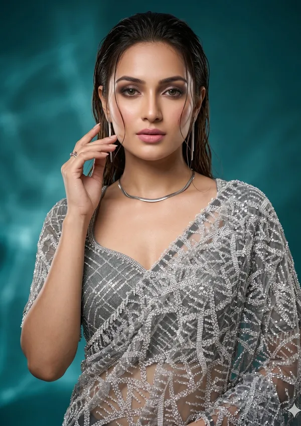 Grey_Net_Sequins_Saree_With_Matching_Blouse_Piece
