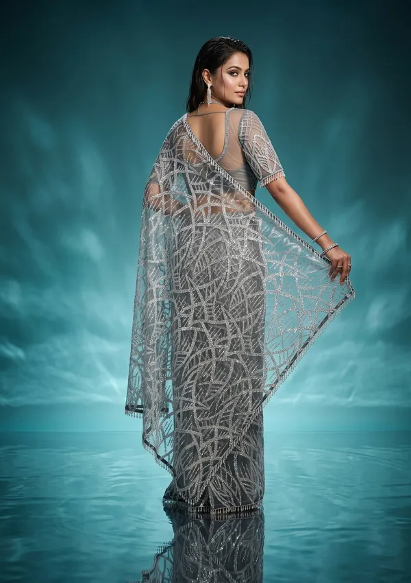 Grey_Net_Sequins_Saree_With_Matching_Blouse_Piece