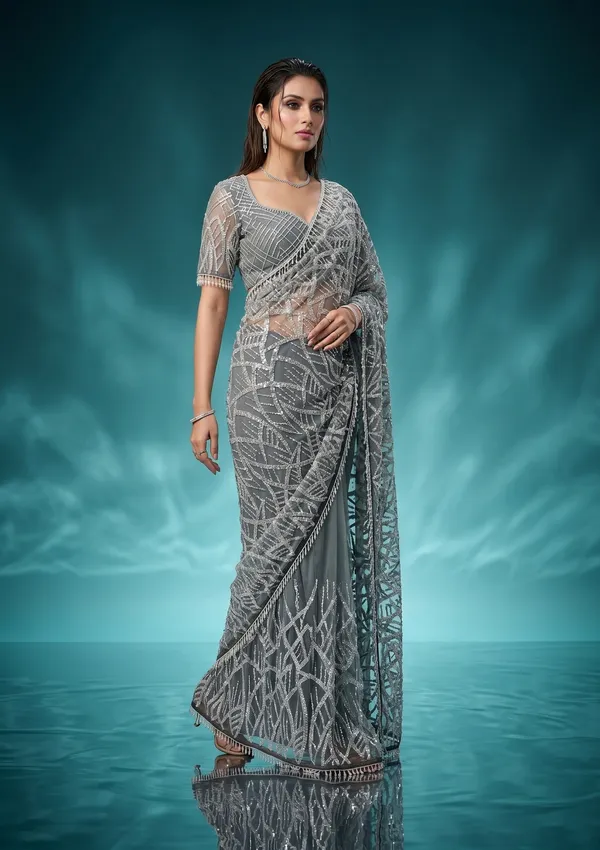 Grey_Net_Sequins_Saree_With_Matching_Blouse_Piece