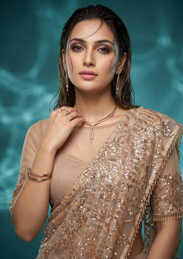 Beige_Net_Sequins_Saree_With_Matching_Blouse_Piece