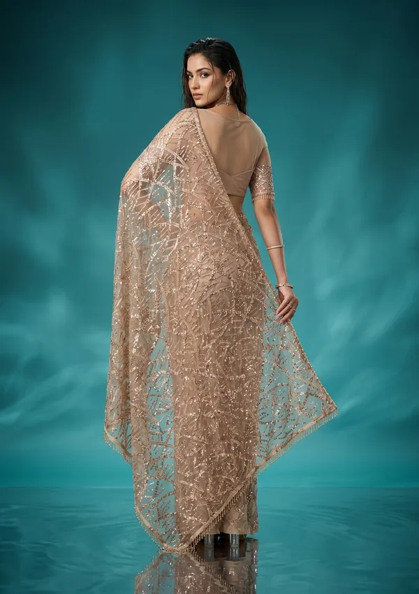 Beige_Net_Sequins_Saree_With_Matching_Blouse_Piece