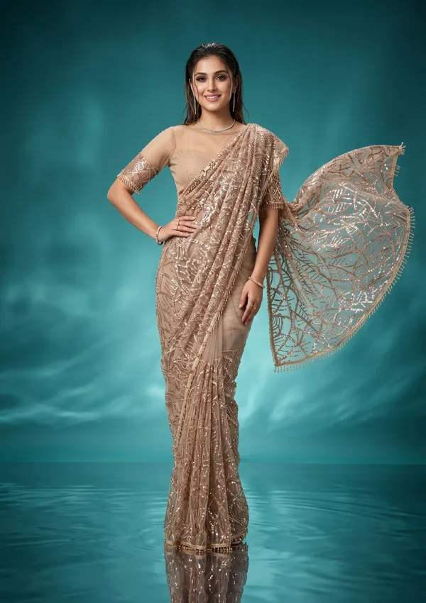 Beige_Net_Sequins_Saree_With_Matching_Blouse_Piece