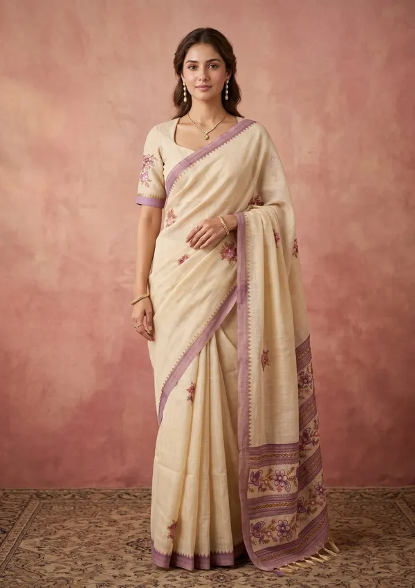 Beige_Chanderi_Threadwork_Saree_With_Matching_Blouse_Piece