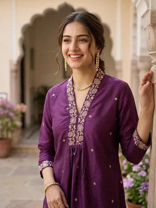 Wine_Art_Silk_Cording_A_Line_Kurta_With_Pant_Regular_And_Dupatta
