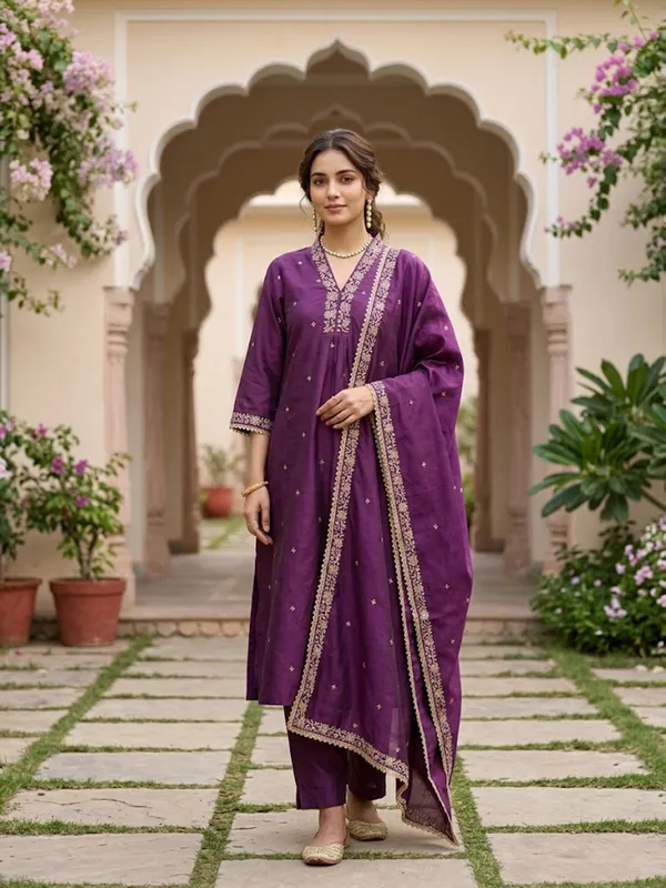 Wine_Art_Silk_Cording_A_Line_Kurta_With_Pant_Regular_And_Dupatta