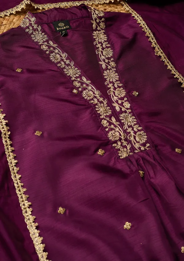 Wine_Art_Silk_Cording_A_Line_Kurta_With_Pant_Regular_And_Dupatta